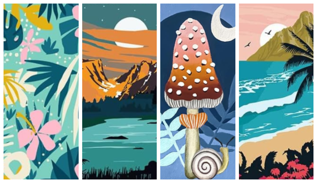 Collage of images in paint by number style with different themes from left to right: flowers and plants, national parks, mushroom and moon, mountains and  beaches