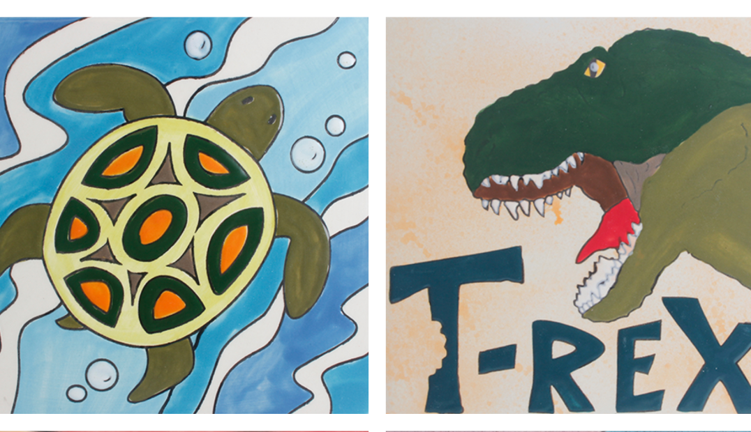 2 painted tiles. on left: green turtle on blue and white water background. on right: green dinosaur head on white background with blue letters spelling T-REX