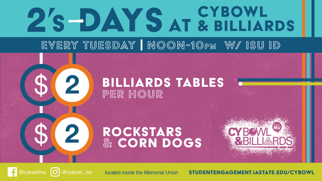 2's Day at CyBowl & Billiards every Tuesday