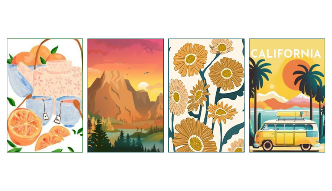 four paint by number images - one in each theme for the Summer. From left to righ: summer picnic, national parks, plants & flowers, travel landmarks