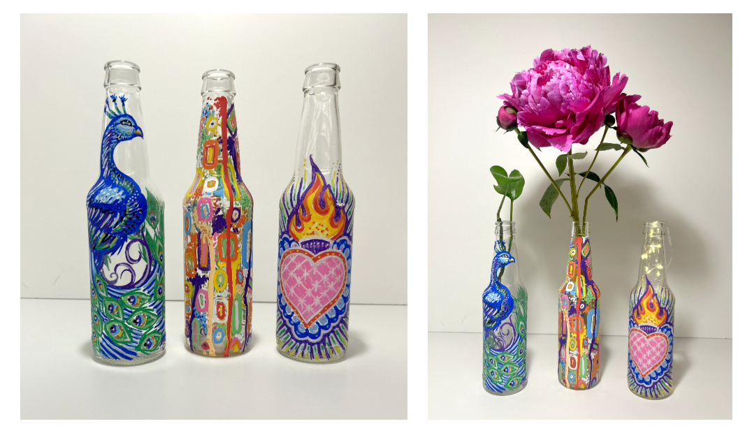 glass bottles painted with brightly colored designs. On the left the bottles are empty on the right one bottle has a plant cutting, one has flowers, and one has fairy lights in it