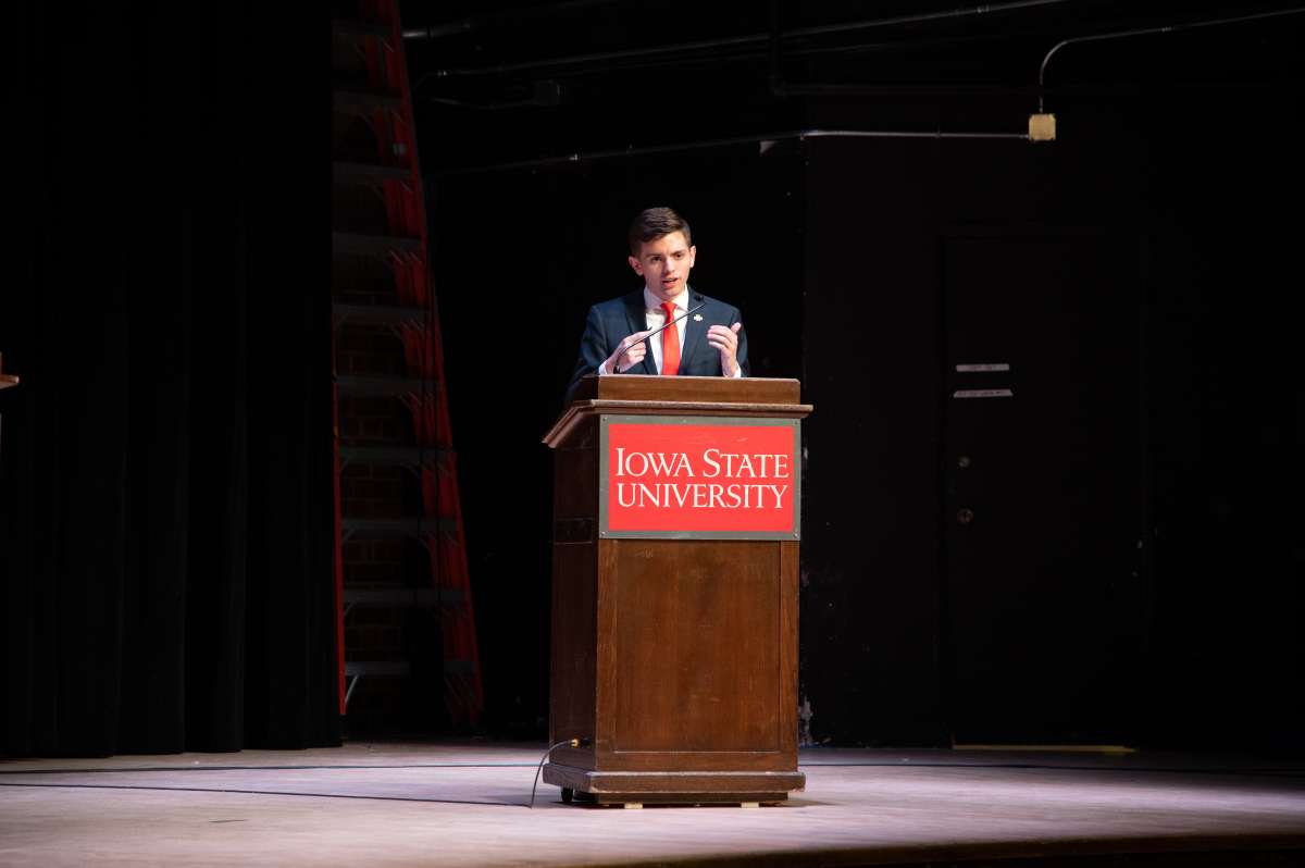 Jacob Ludwig during a Student Government Vice Presidential debate
