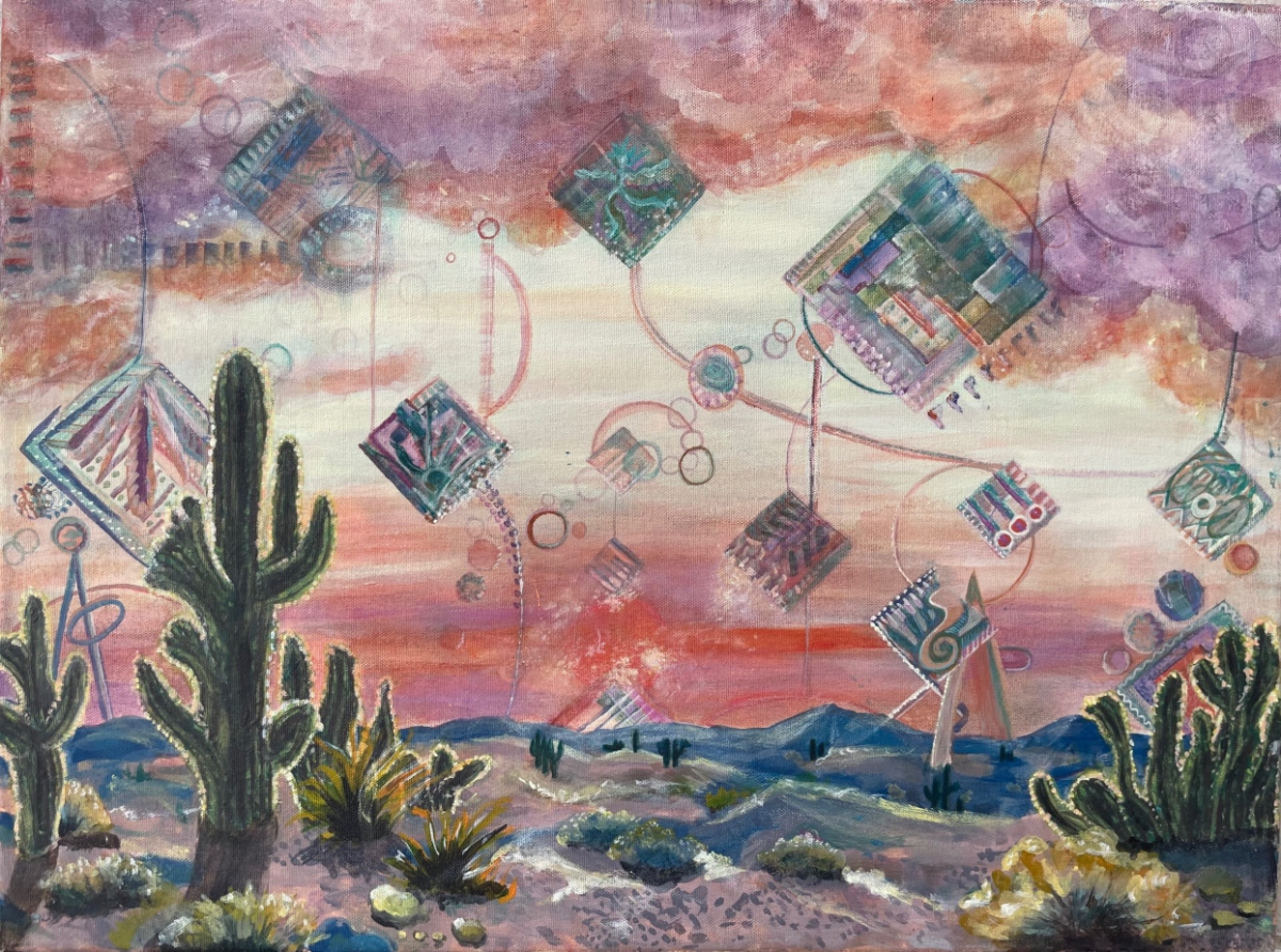 Desert scene with cactus and diamond shaped kites in the air