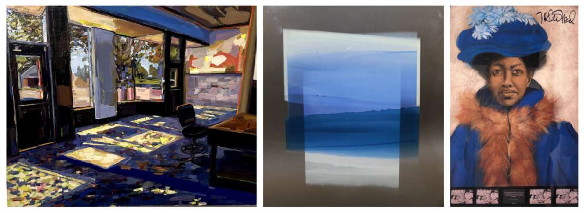 Left image - interior of office space. Middle image - blue and white glass art. Right image - portrait of Nannie Helen Burroughs.