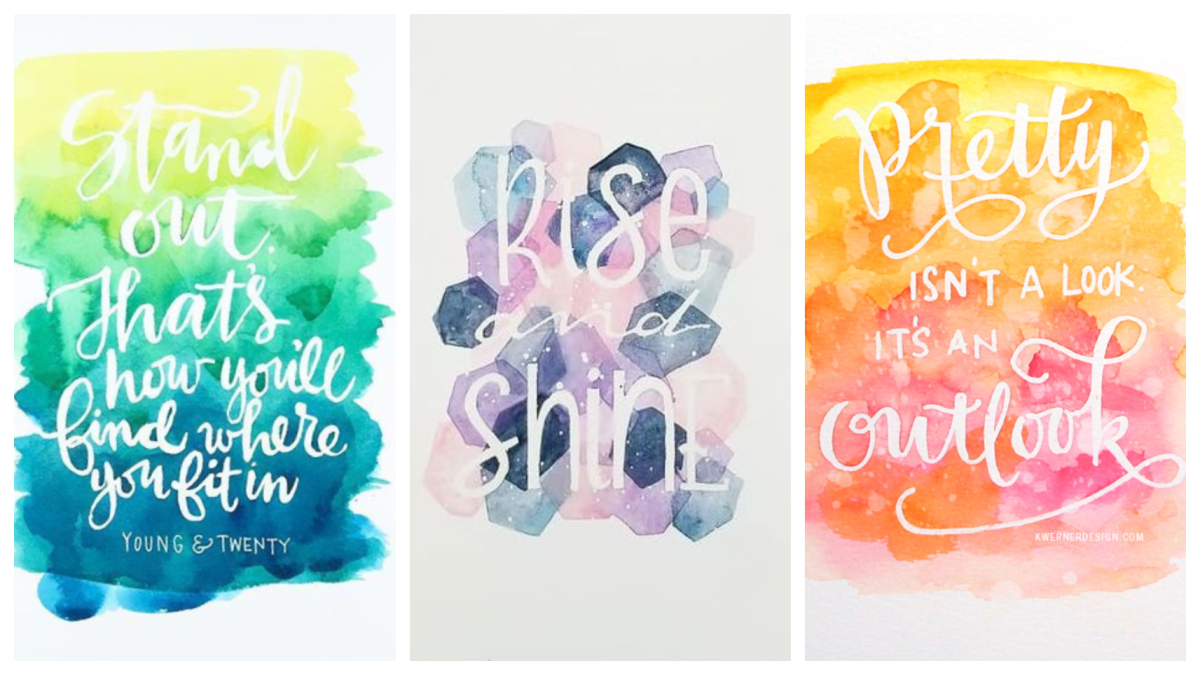 Three watercolor pieces with white quotes from resist
