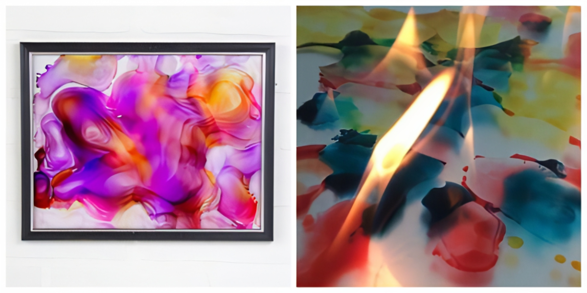 2 fired ink pieces. On the left: framed swirls of pink, purple, orange, and red ink. On the right: swirls of blue, red, and yellow ink currently aflame