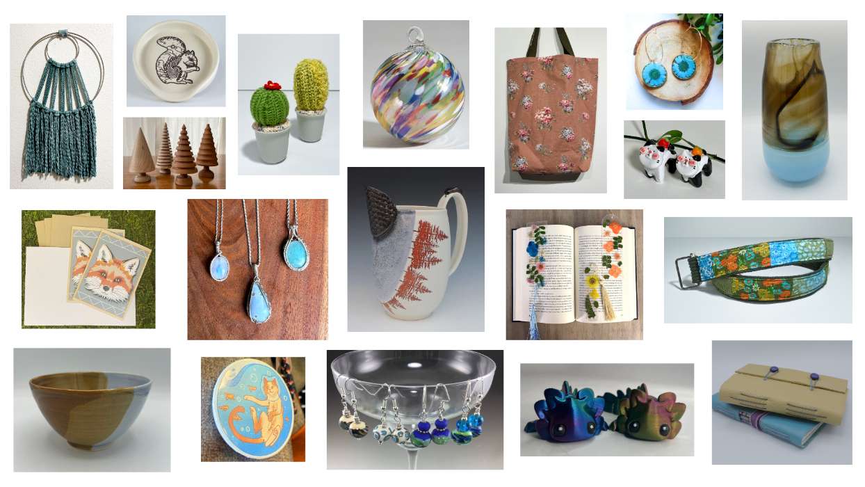 Pottery, jewelry, glass, and fiber art image collage.