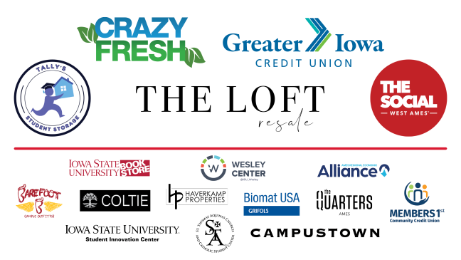 Logos of businesses that are sponsoring WelcomeFest: Tally's Student Storage, Crazy Fresh Produce, The Loft Resale, Greater Iowa Credit Union, The Social West Ames, Barefoot Campus Outfitter, Iowa State University Book Store, COLTIE, Student Innovation Center, Haverkamp Properties, Wesley Center, St. Thomas Aquinas, Grifols Biomat USA, Campustown, The Quarters Ames, Members First Community Credit Union, Ames Regional Economic Alliance