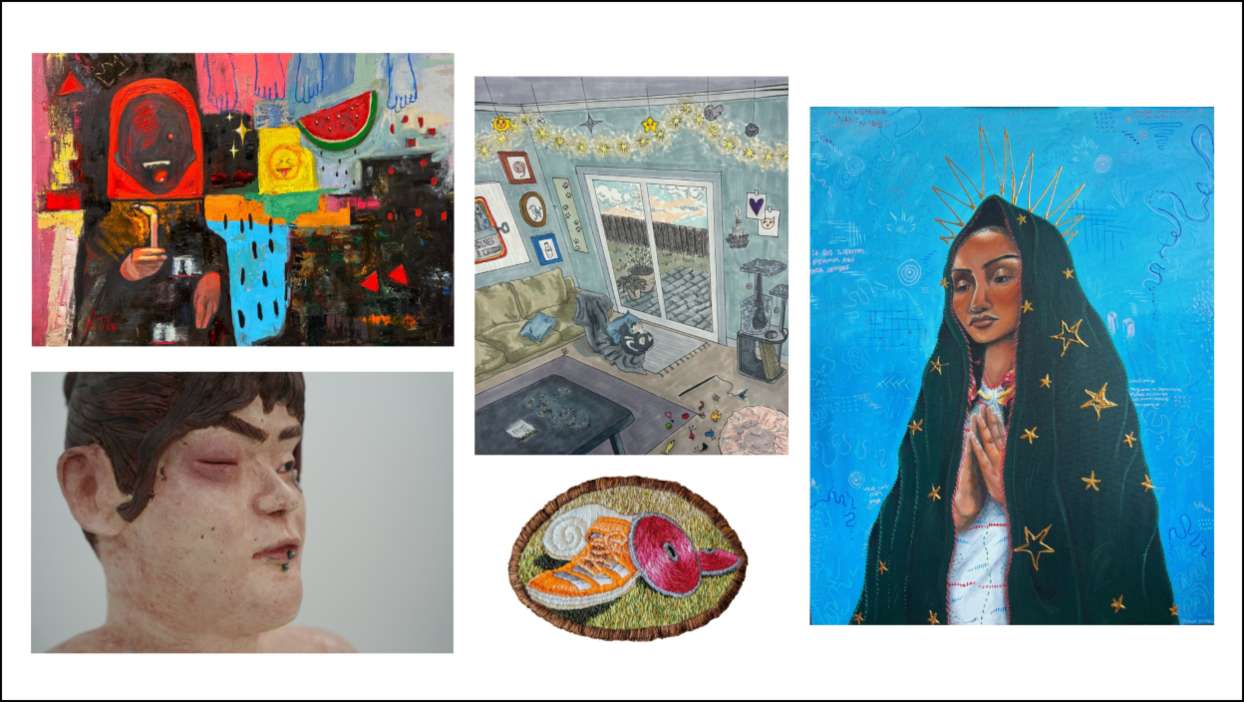 Collage of art including a brightly colored modern painting upper left, ceramic bust sculpture lower left, a pastel room interior upper middle, enbroidered patch lower middle and painting of Mary on a blue background on the right.