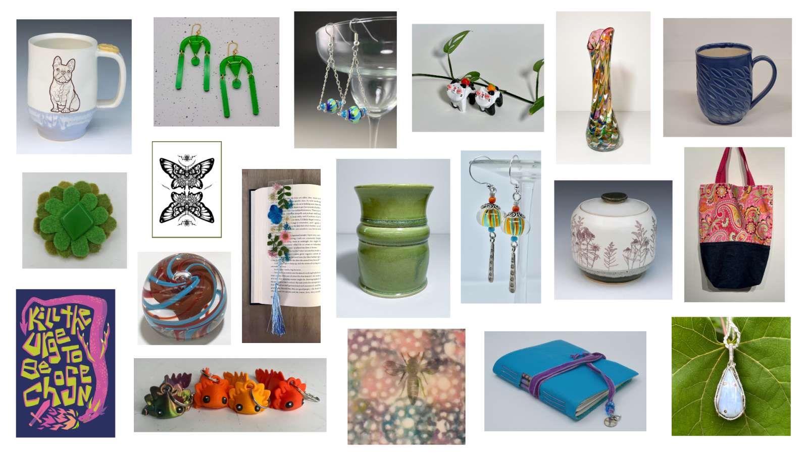 collage of colorful goods made by art mart artists including pottery, jewelry, art prints, keychains, and more!